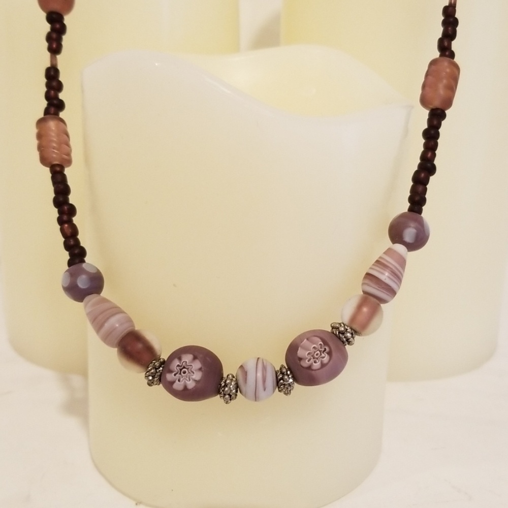 Handmade Lavender & Rose Handpainted Bead Necklace